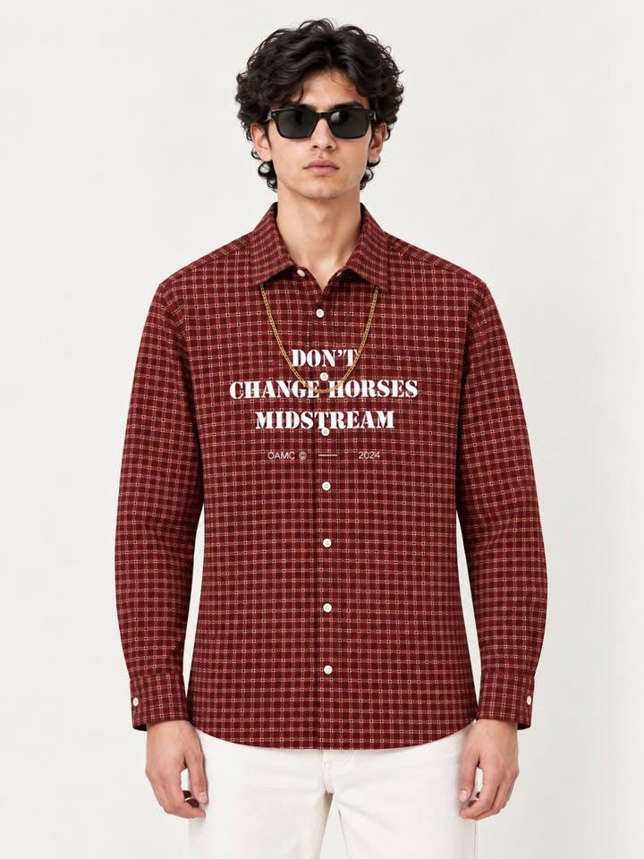 Premium Maroon Plaid Boxy Fit Graphic Shirt