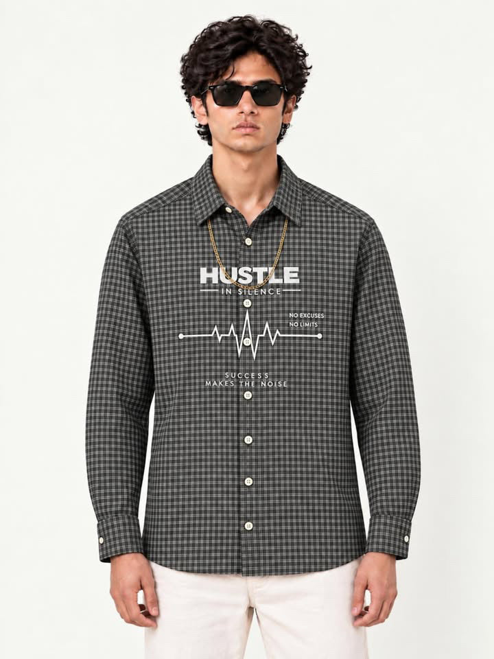 Premium Charcoal Grey Plaid Boxy Fit Graphic Shirt