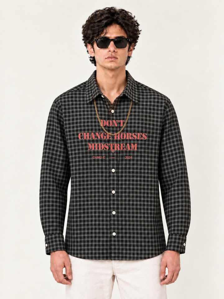 Premium Black Plaid Boxy Fit Graphic Shirt