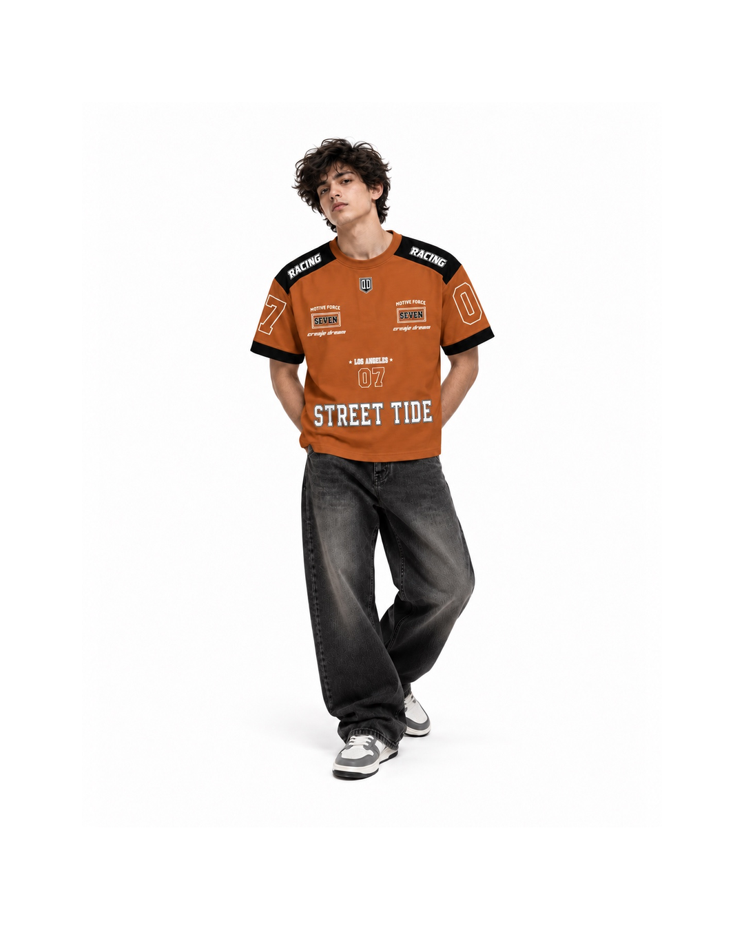 Premium Racing Streetwear T-Shirt – Burnt Orange & Black “Street Tide”