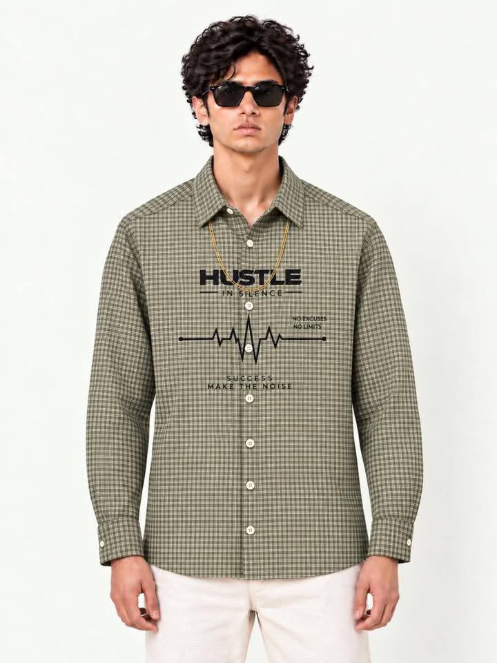 Premium Olive Green Plaid Boxy Fit Graphic Shirt