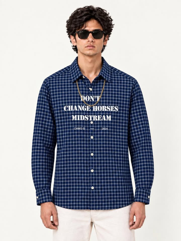 Premium Midnight Navy Plaid Boxy Fit Graphic Shirt