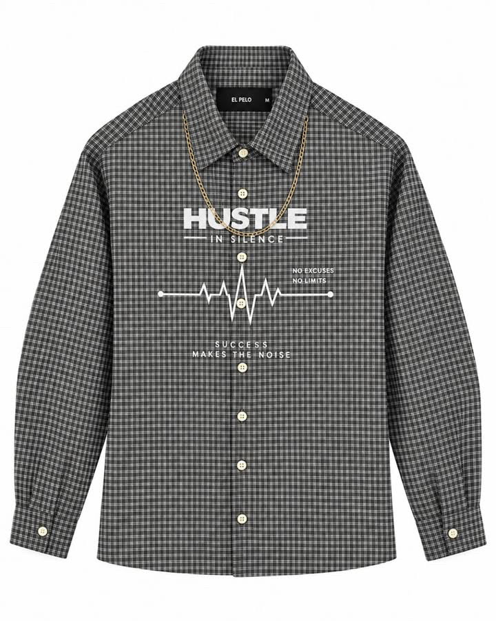 Premium Charcoal Grey Plaid Boxy Fit Graphic Shirt