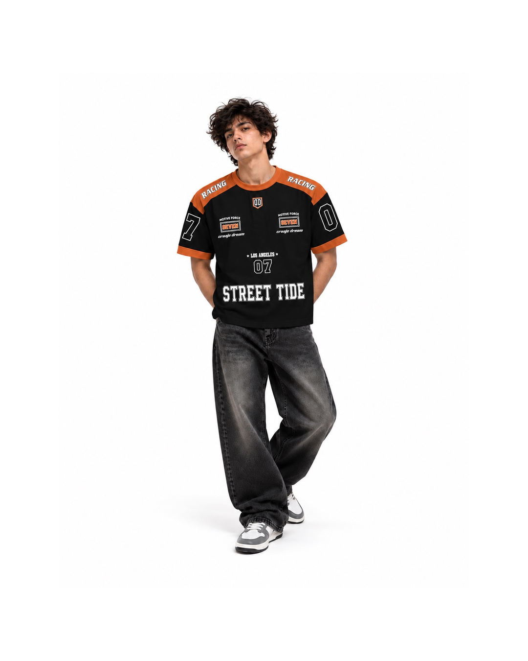 Premium Racing Streetwear T-Shirt – Black & Orange “Street Tide”