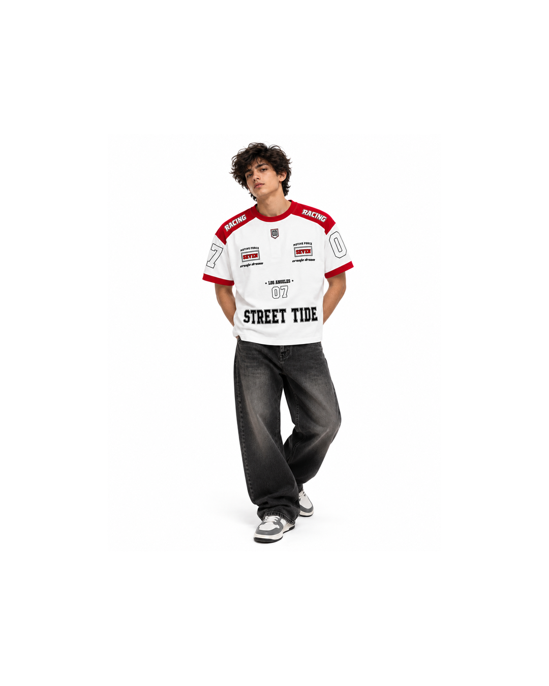 Premium Racing Streetwear T-Shirt – White & Red “Street Tide”