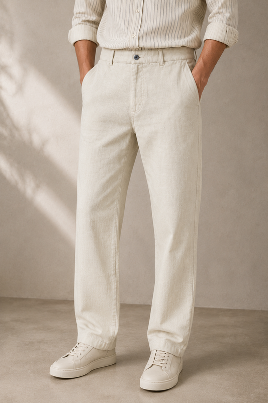 Men's Classic Ivory Linen Blend Casual Pants