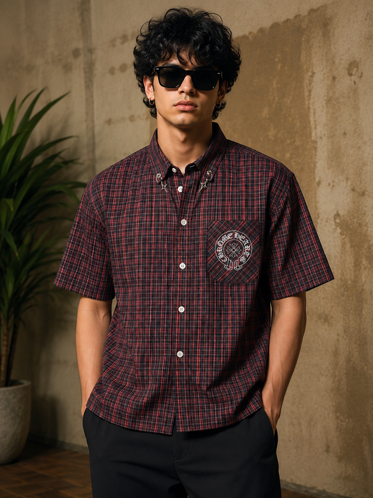Men's Oversized Plaid Graphic Streetwear Shirt – Burgundy Check