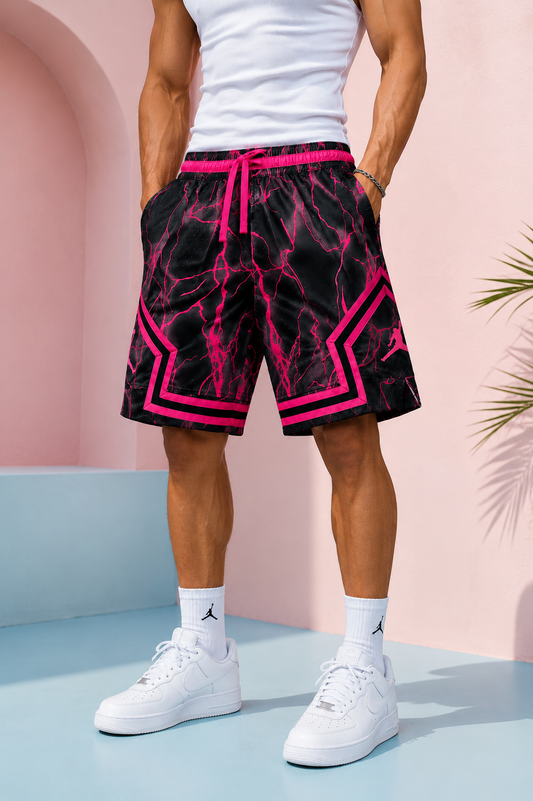 Men's Premium Lightning Print Basketball Shorts – Black & Neon Pink