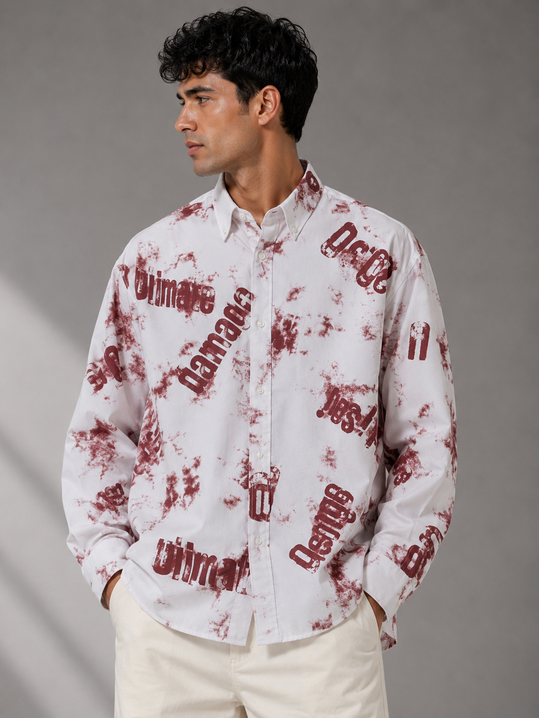 ELVUE Distressed Print Oversized Shirt
