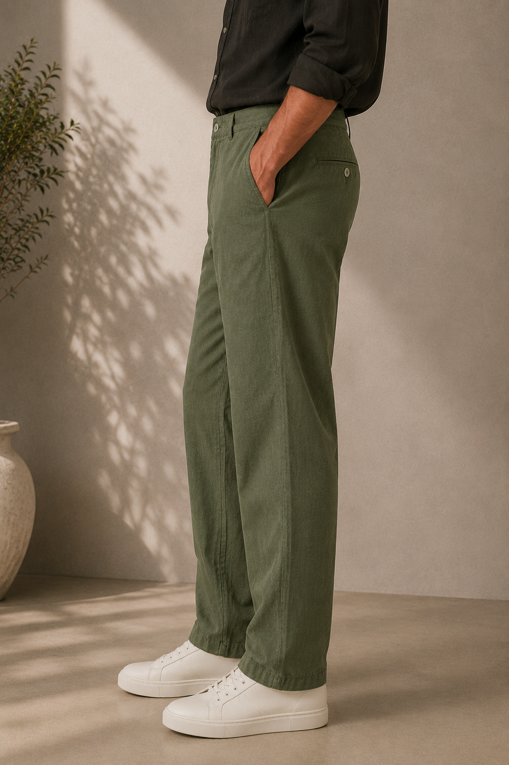 Urban Dominion Men's Olive Green Linen Blend Trousers