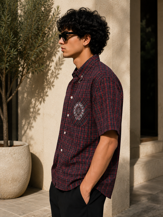 Men's Oversized Plaid Graphic Streetwear Shirt – Burgundy Check