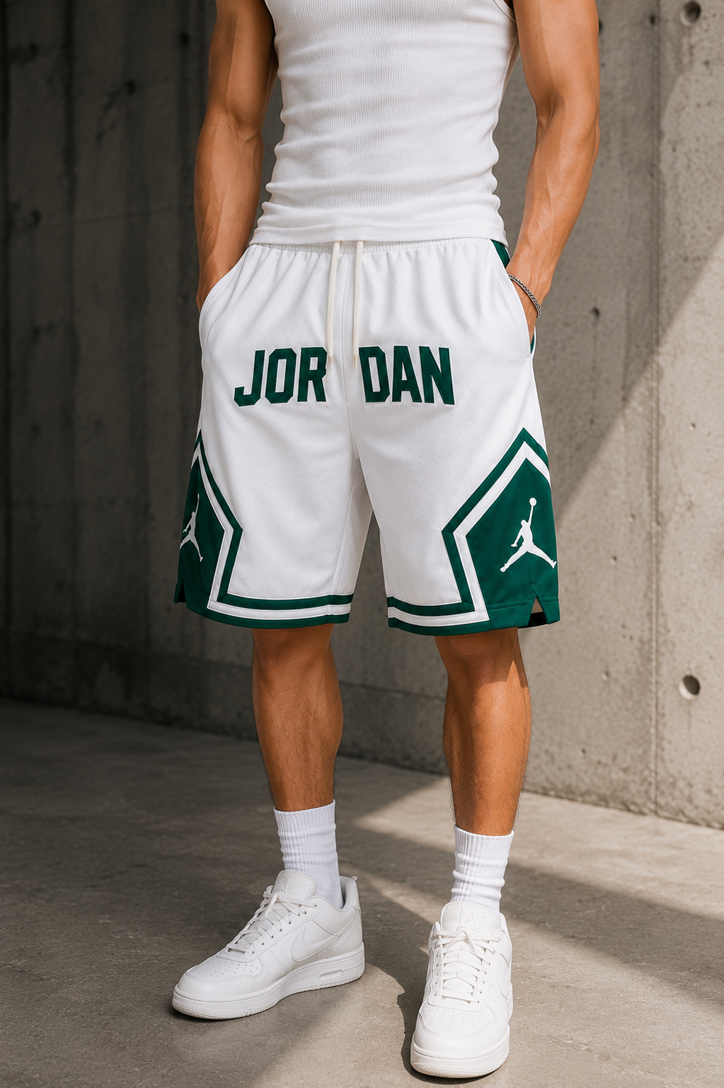 Jordan-Inspired White & Emerald Green Mesh Basketball Shorts