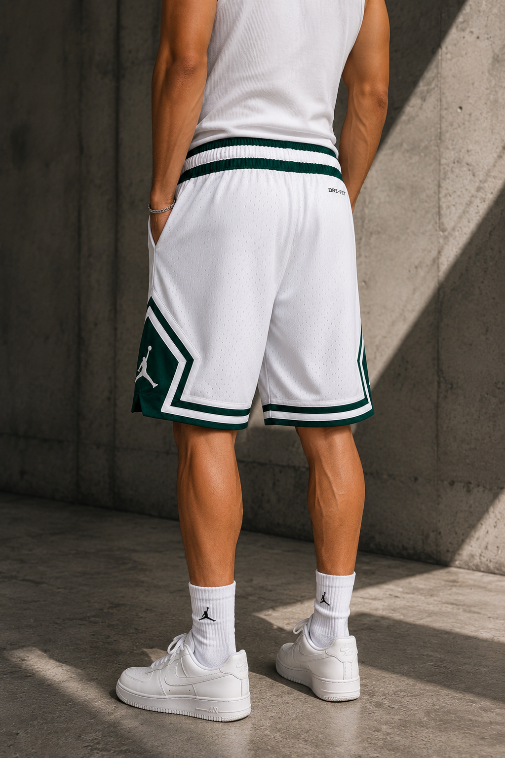 Jordan-Inspired White & Emerald Green Mesh Basketball Shorts