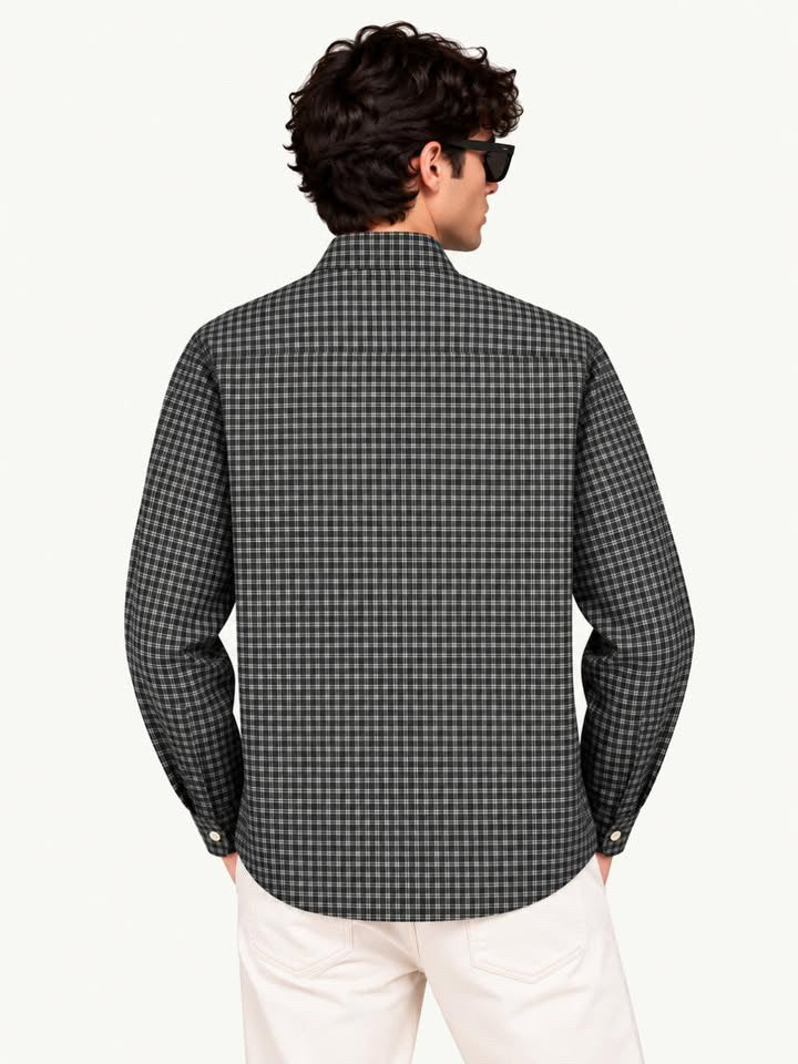 Premium Charcoal Grey Plaid Boxy Fit Graphic Shirt